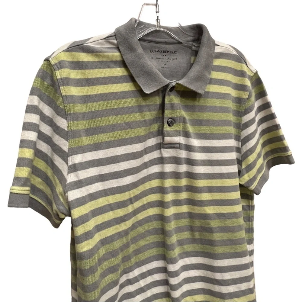 Banana Republic Mens Gray & Green Striped Polo Shirt, Size Medium